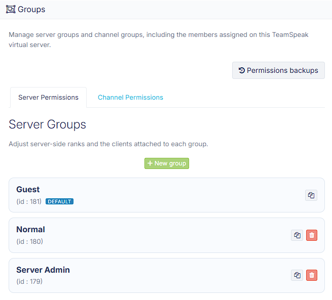 TeamSpeak server group and permission management