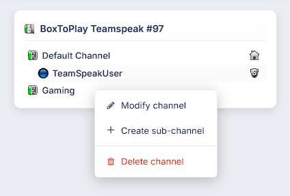 TeamSpeak live console integrated into the BoxToPlay panel for direct administration